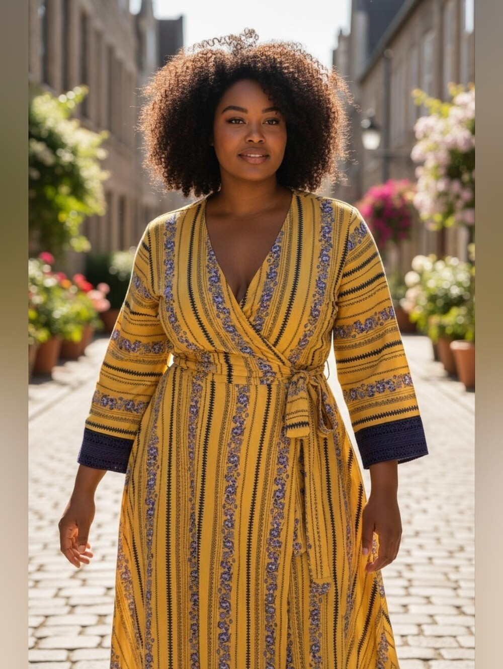 Kori America Yellow Midi Faux Wrap Dress with Blue Flower Print Size Medium